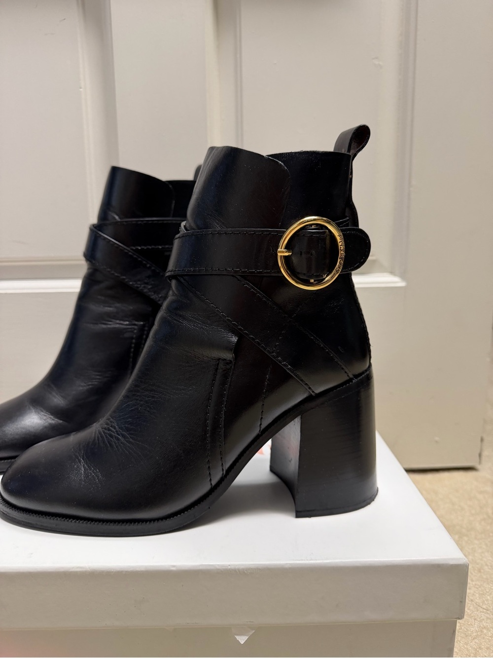 See By Chloe Black Leather Ankle Boots with Gold Buckle